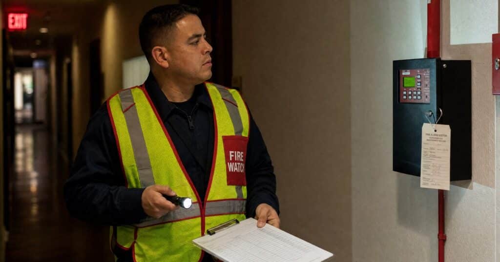 Fire watch guard patrolling near a fire alarm control panel during a system outage