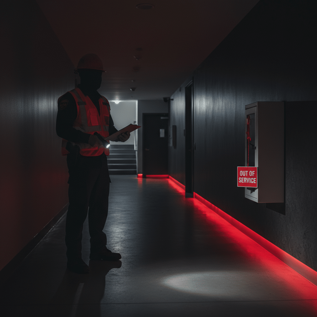 Fire watch guard patrolling an apartment corridor beside an impaired fire alarm panel