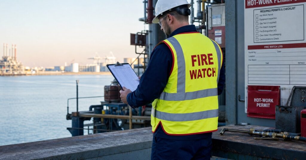 Fire watch guard reviewing a hot-work permit and patrol log at an industrial waterfront facility