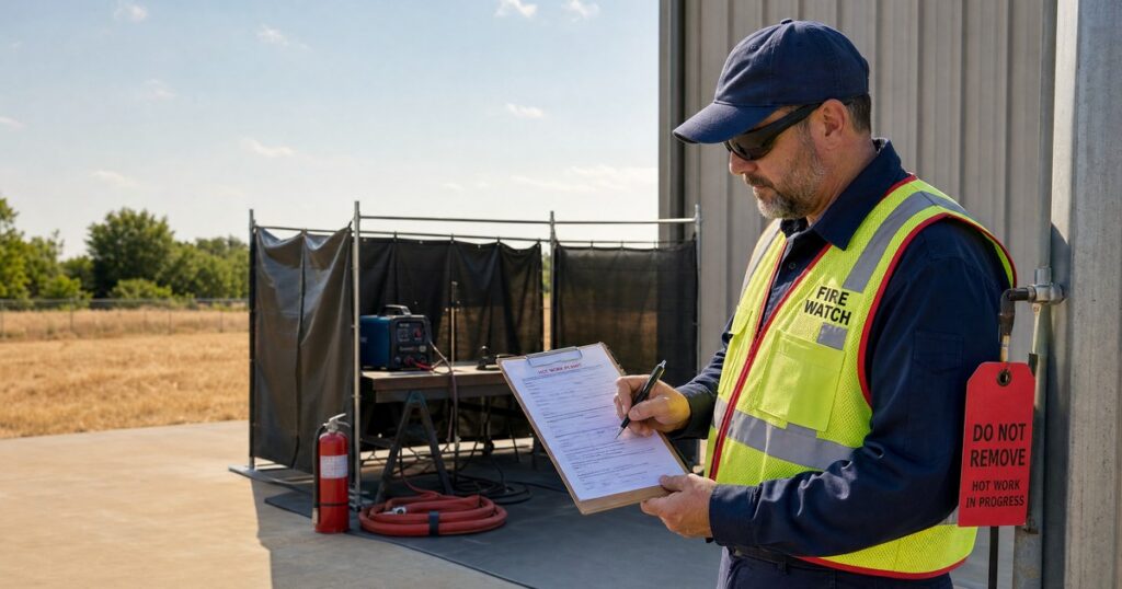 Fire watch guard reviewing a hot-work permit during dry outdoor conditions