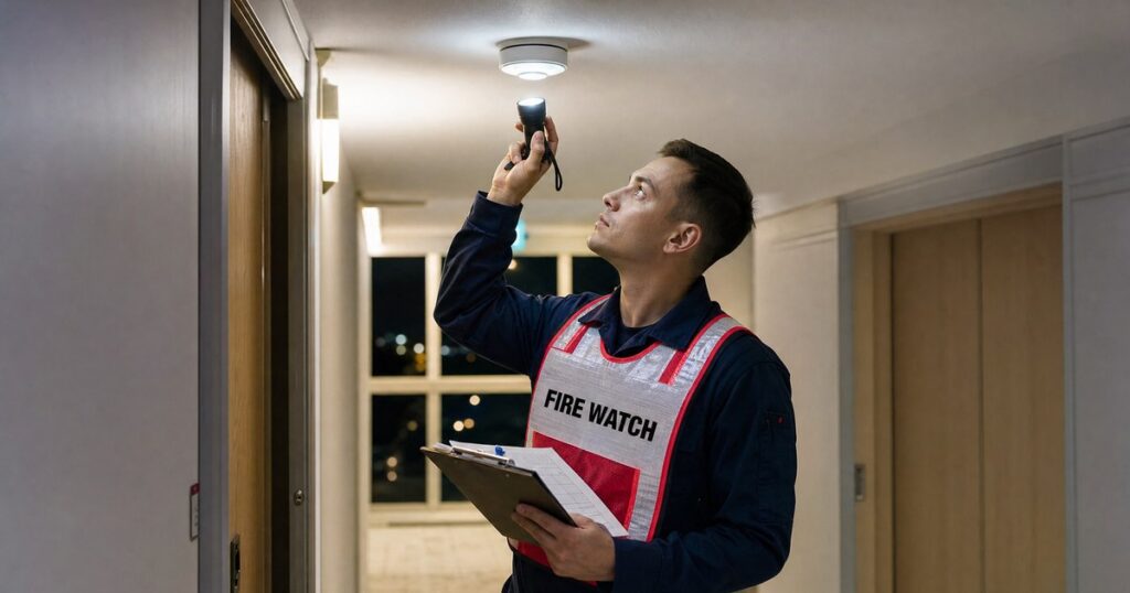 Fire watch guard patrolling an apartment hallway with clipboard and flashlight