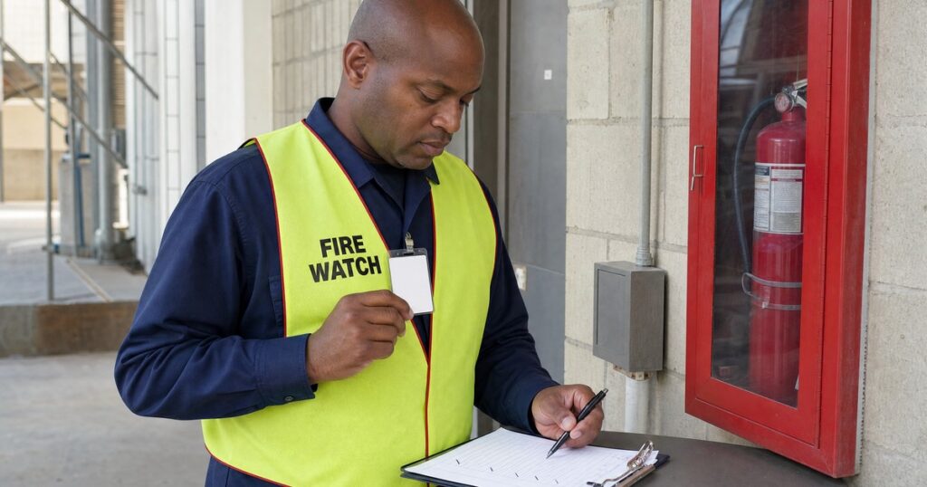 Fire watch guard reviewing a credential and patrol log at a duty station