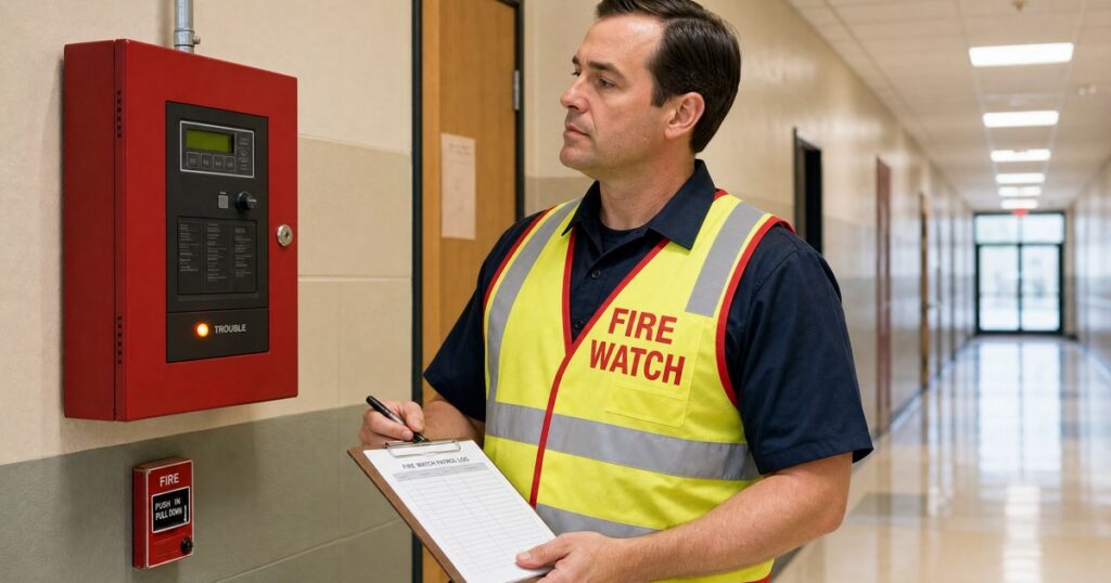 Fire watch guard in hi-vis vest logging a patrol near a school fire alarm panel showing a trouble light