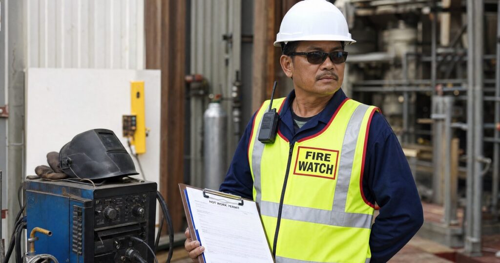 Fire watch guard in hi-vis vest holding a hot work permit clipboard near welding equipment