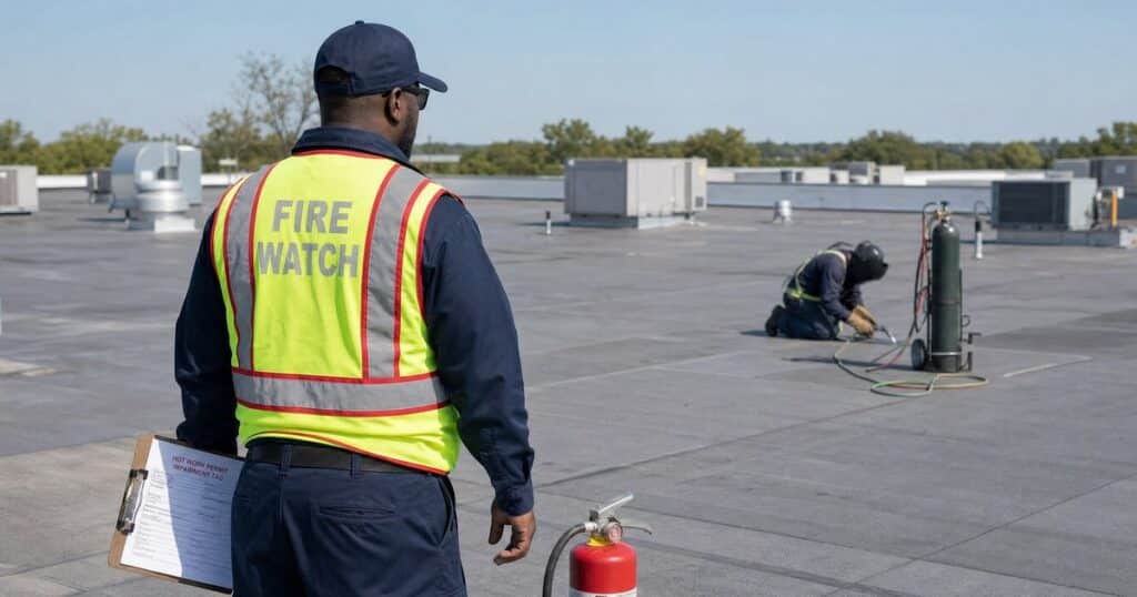 Fire watch guard holding a hot work permit clipboard beside a fire extinguisher on an industrial rooftop during a welding job