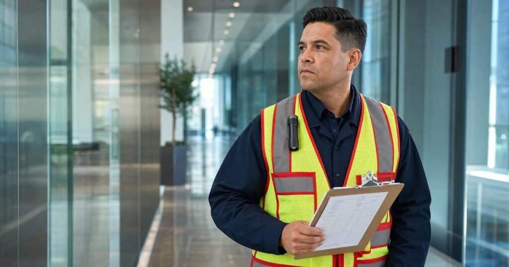 Fire watch guard in navy uniform and high-visibility vest reviewing a patrol log on a clipboard inside a modern Austin office building