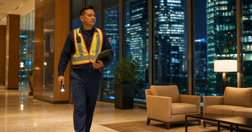 Fire watch guard in navy uniform and hi-vis vest patrolling a Charlotte, NC office building lobby at night
