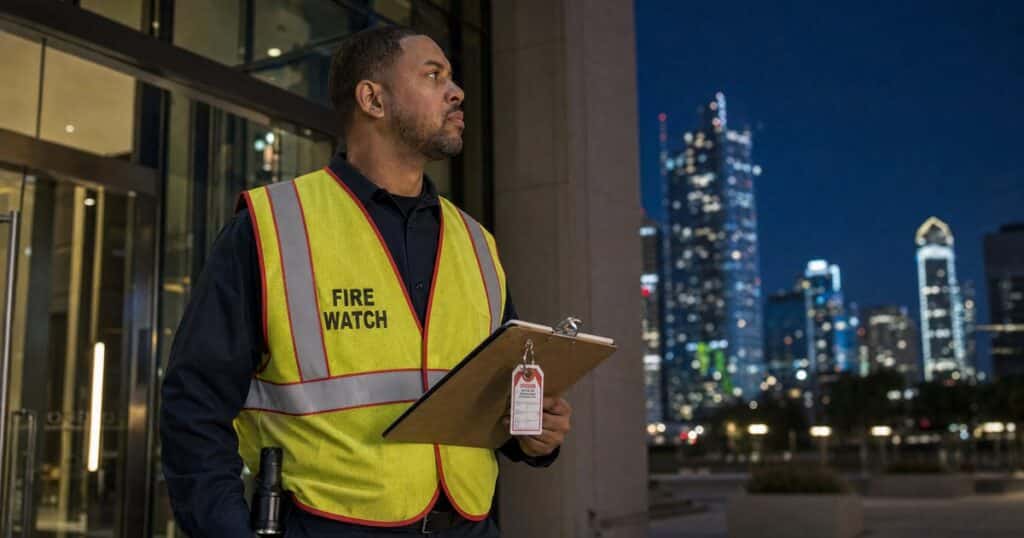 Fire watch guard in navy uniform and hi-vis FIRE WATCH vest holding a patrol log clipboard outside a Dallas office tower at night