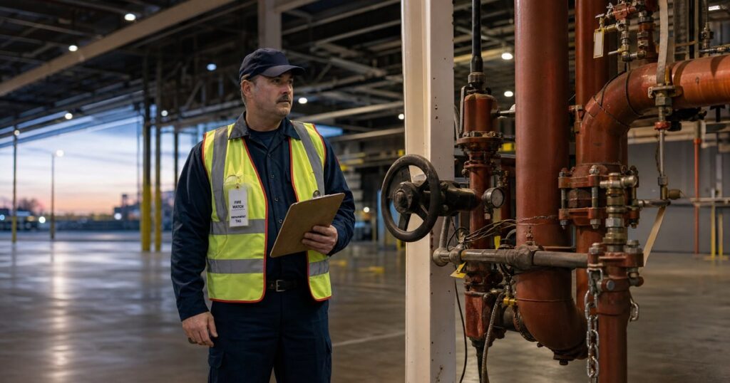 Fire watch guard in hi-vis vest inspecting industrial sprinkler pipes during an impairment