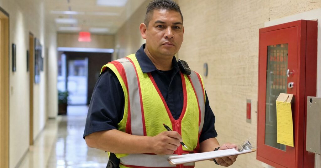Fire watch guard in a navy uniform and red-trimmed hi-vis vest holding a patrol clipboard beside a tagged fire safety cabinet in a government building corridor