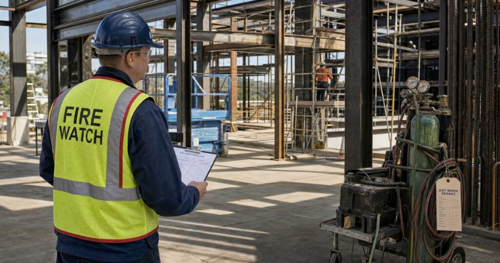 Fire watch guard in a navy uniform and red-trimmed hi-vis vest holding a patrol clipboard beside a welding cart with a hot work permit tag on an active construction site
