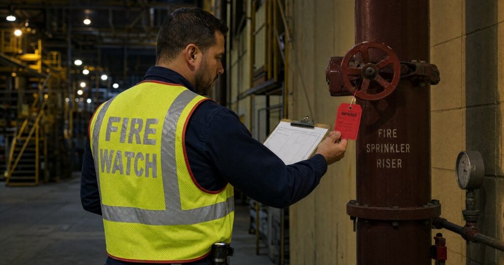 Fire watch guard in a hi-vis FIRE WATCH vest checking a red impairment tag on a fire sprinkler riser while holding a patrol log clipboard