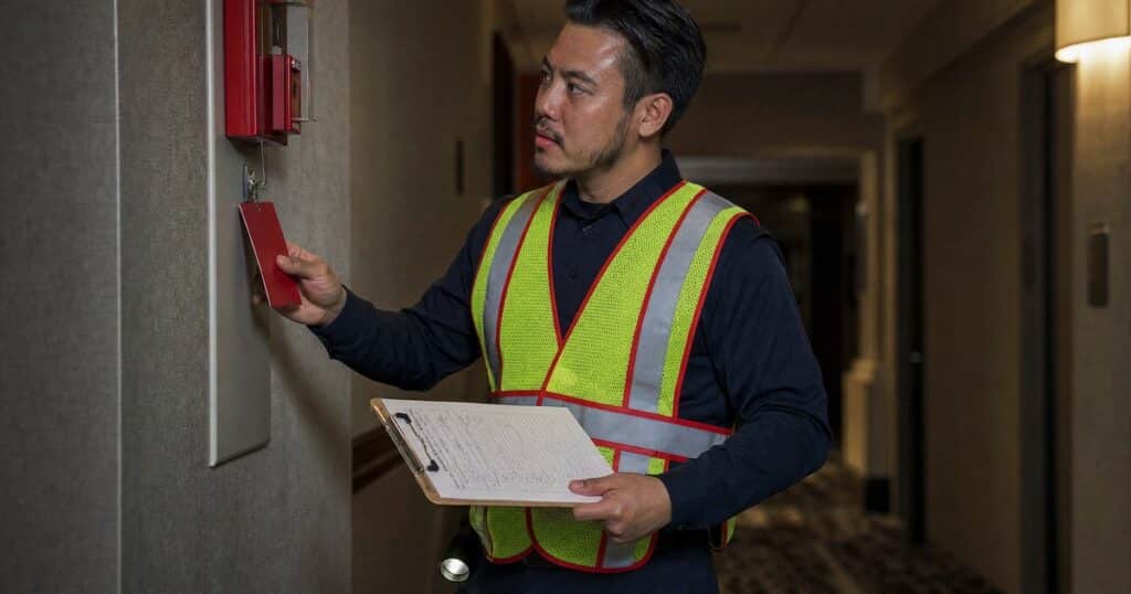 Fire watch guard in a navy uniform and red-trimmed hi-vis vest inspecting a tagged fire alarm panel with a patrol log clipboard in a hotel corridor