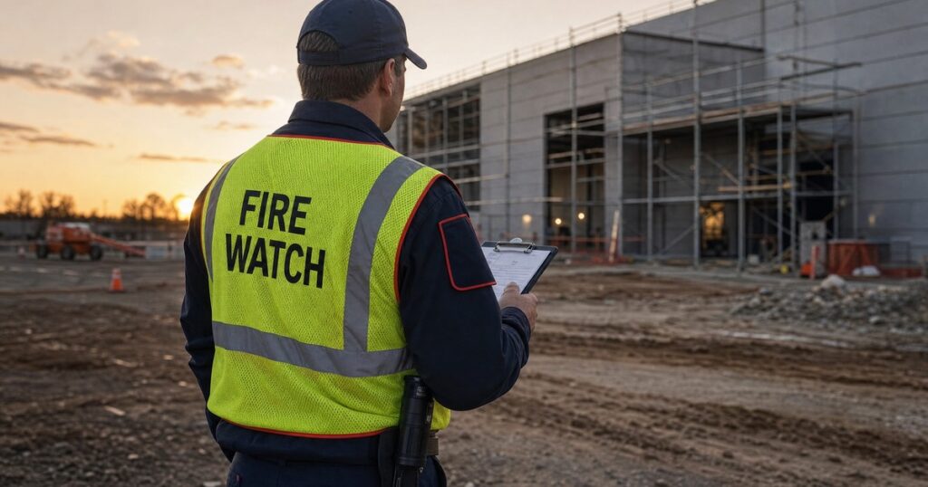 Fire watch guard in navy uniform and hi-vis FIRE WATCH vest holding a patrol log clipboard at a Fort Worth-area construction site at dusk
