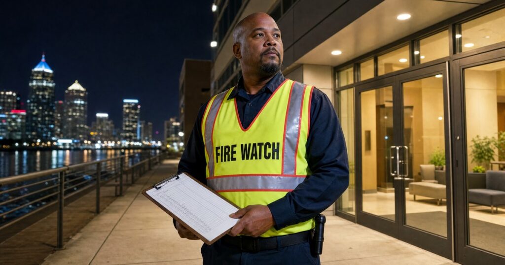 Fire watch guard in navy uniform and hi-vis FIRE WATCH vest holding a patrol log clipboard outside a Jacksonville waterfront office building at night