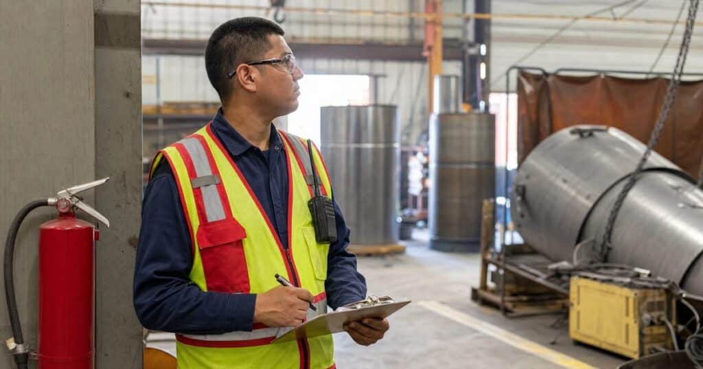 Fire watch guard in a hi-vis vest holding a clipboard near an industrial welding and fabrication work area