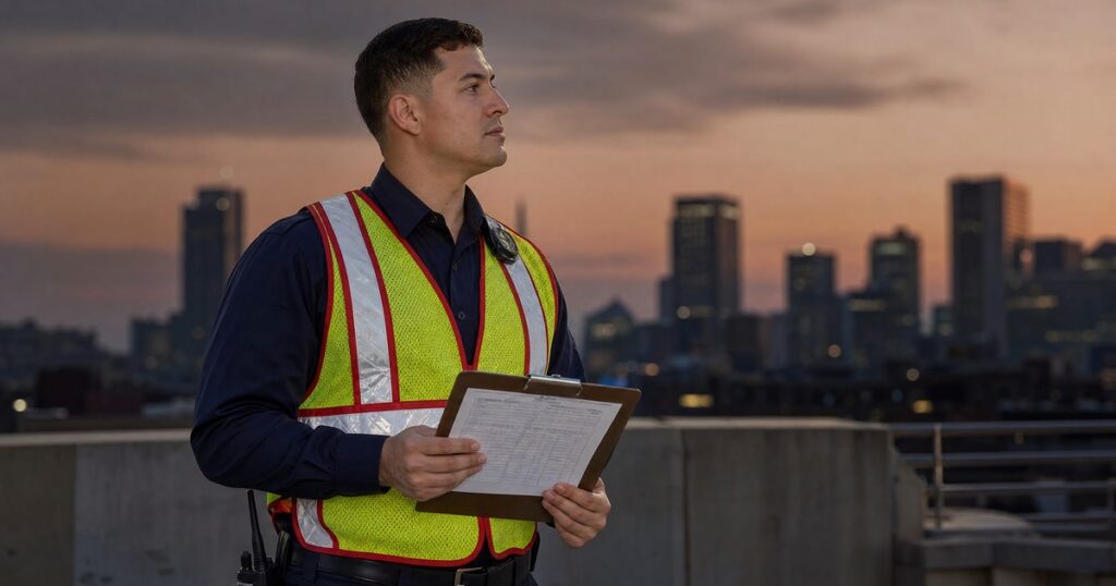 Fire watch guard in navy uniform and hi-vis vest holding a patrol log clipboard at dusk with a Philadelphia-style city skyline in the background