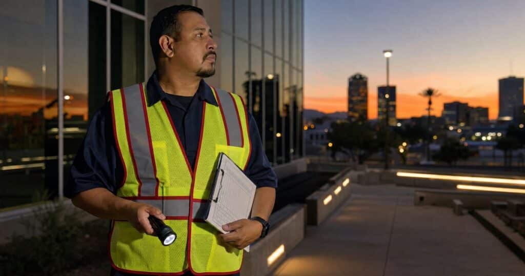 A fire watch guard in a hi-vis vest patrols outside a Phoenix office tower at dusk, holding a flashlight and patrol log.