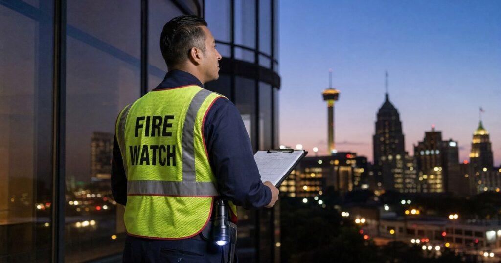 Fire watch guard on night patrol holding a clipboard, wearing a hi-vis FIRE WATCH vest, downtown San Antonio skyline at dusk