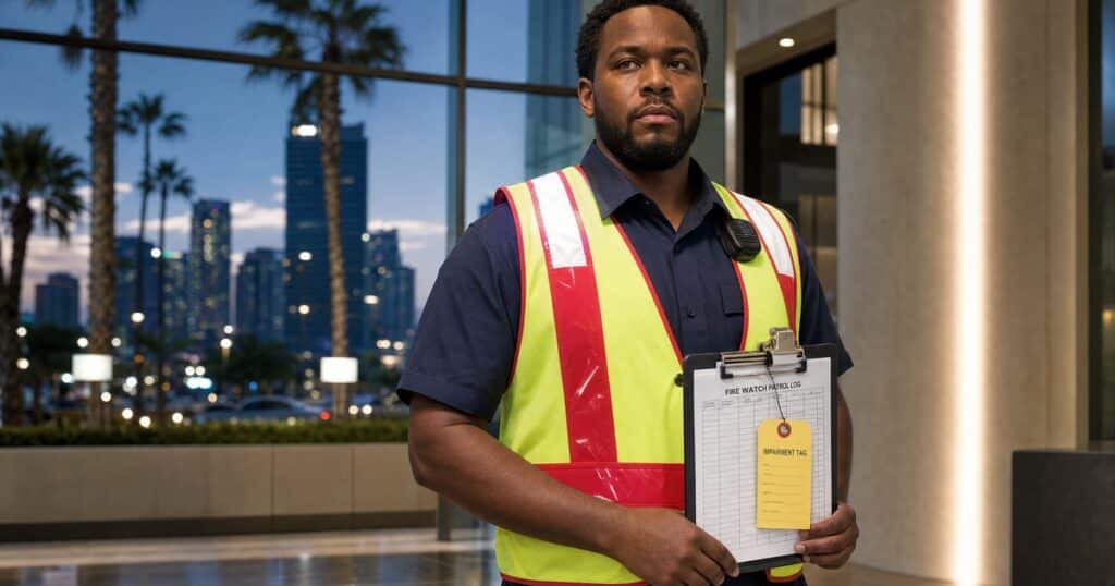 Fire watch guard in navy uniform and hi-vis vest holding a patrol log clipboard in a San Diego high-rise lobby at dusk