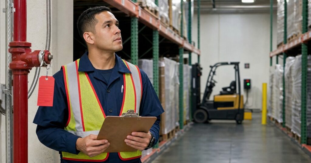 Fire watch guard in a navy uniform and red-trimmed hi-vis vest holding a patrol clipboard beside a tagged sprinkler riser and forklift charging station in a warehouse aisle